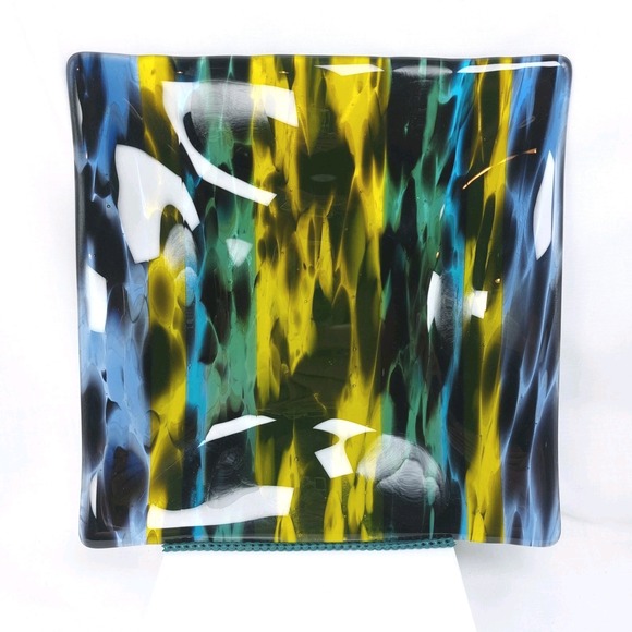 Handmade Other - Fused Square‎ Art Glass Plate Green Blue Yellow Abstract Curved Ripple 9 3/4"
